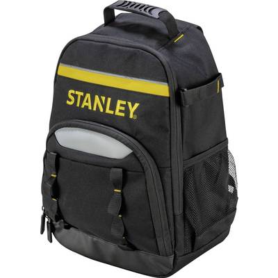 Schwarzer Werkzeugrucksack mit gelbem Streifen und 'STANLEY'-Logo, mehreren Fächern und Netztaschen an den Seiten.