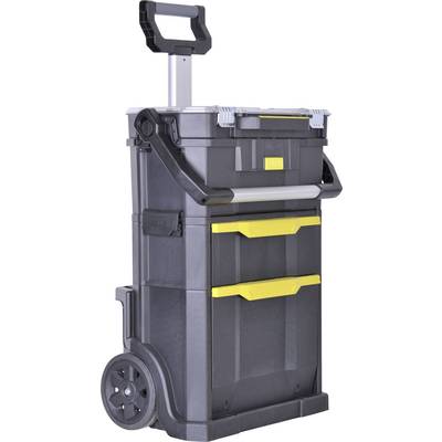 Schwarzer, rollbarer Werkzeugkasten mit gelben Griffen und abnehmbarem Fach auf der Oberseite. Ideal für den Transport von Werkzeugen.