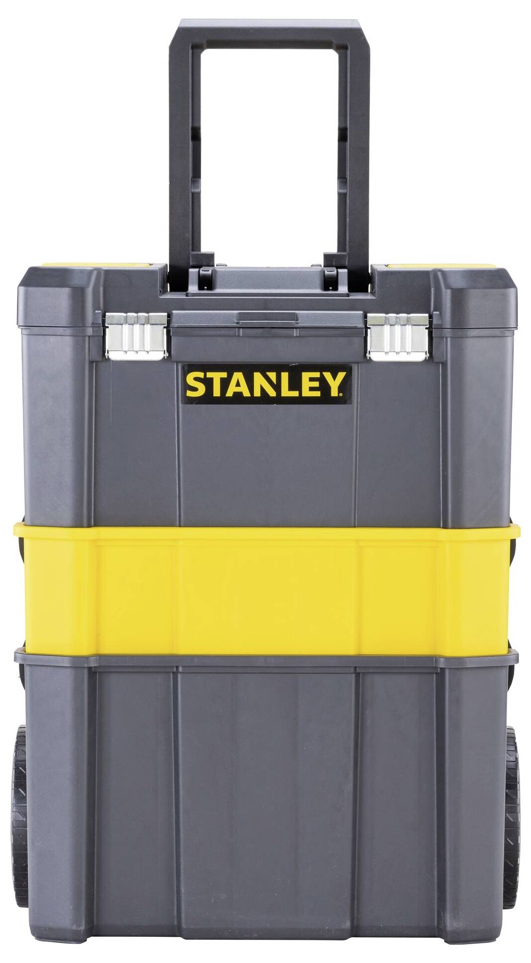 Graue Werkzeugbox auf Rädern mit gelbem Mittelteil, Markenname 'Stanley' oben sichtbar. Box hat einen ausziehbaren Griff.