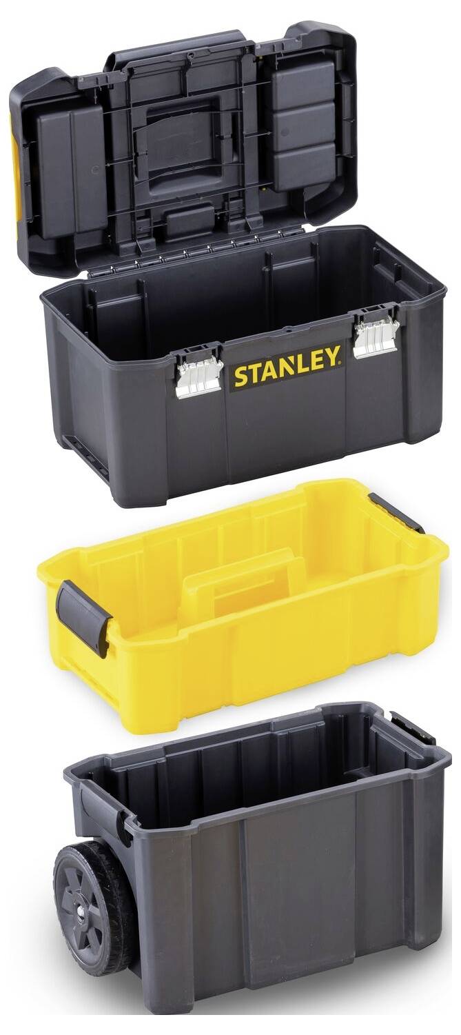 Stapelbare Werkzeugbox von Stanley bestehend aus einer schwarzen Box mit Rädern, einer gelben Innenschale und einem schwarzen Deckel mit Verschlüssen.