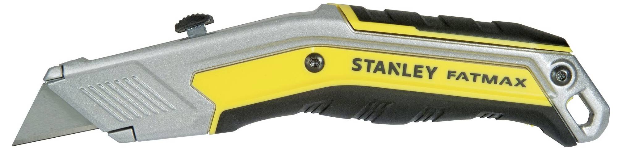Ein gelbes Stanley FatMax Universalmesser mit silberner Klinge, schwarzem Griff und gelbem Gehäuse, geeignet für Schneidearbeiten.