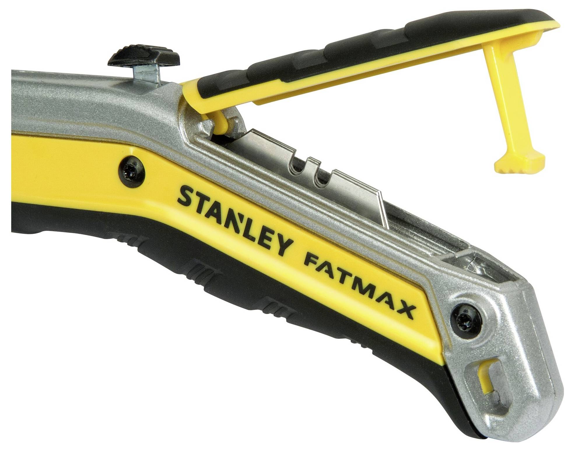 Nahaufnahme eines Stanley FatMax Cuttermessers mit gelbem und schwarzem Griff, offener Klingenschachtel oben.