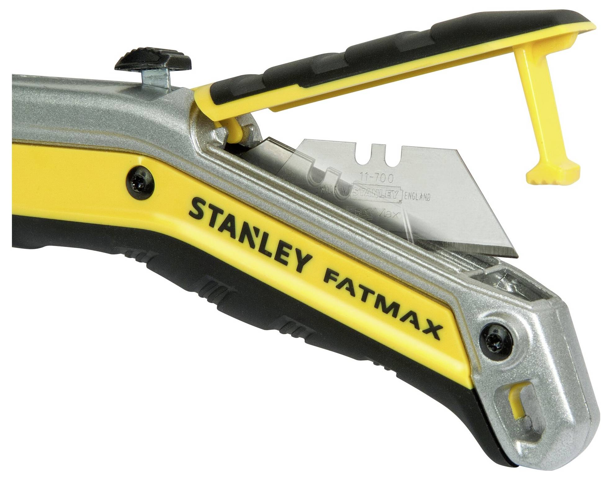 Ein gelbes Stanley FatMax-Universalmesser mit einziehbarer Klinge und ergonomischem Griff, ideal für präzise Schneidarbeiten.