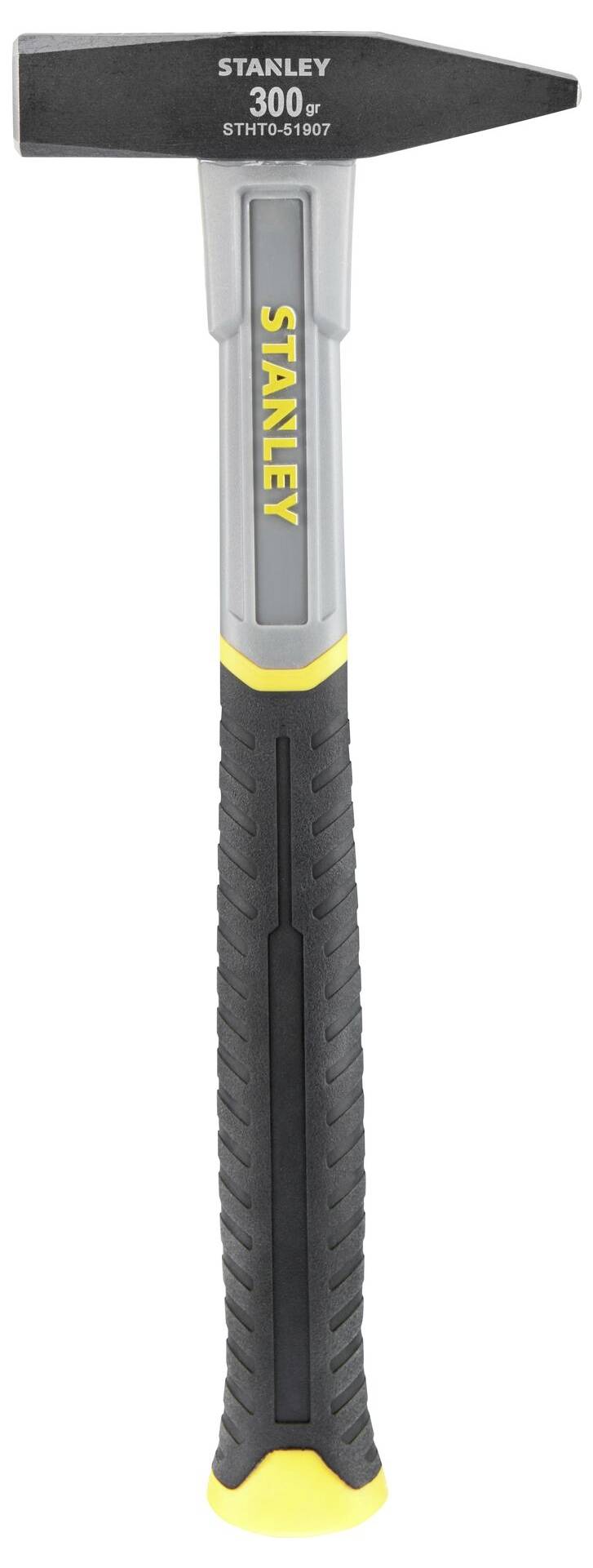 Ein Hammer der Marke Stanley mit 300g Gewicht, grauer Griff und schwarzem Kopf.