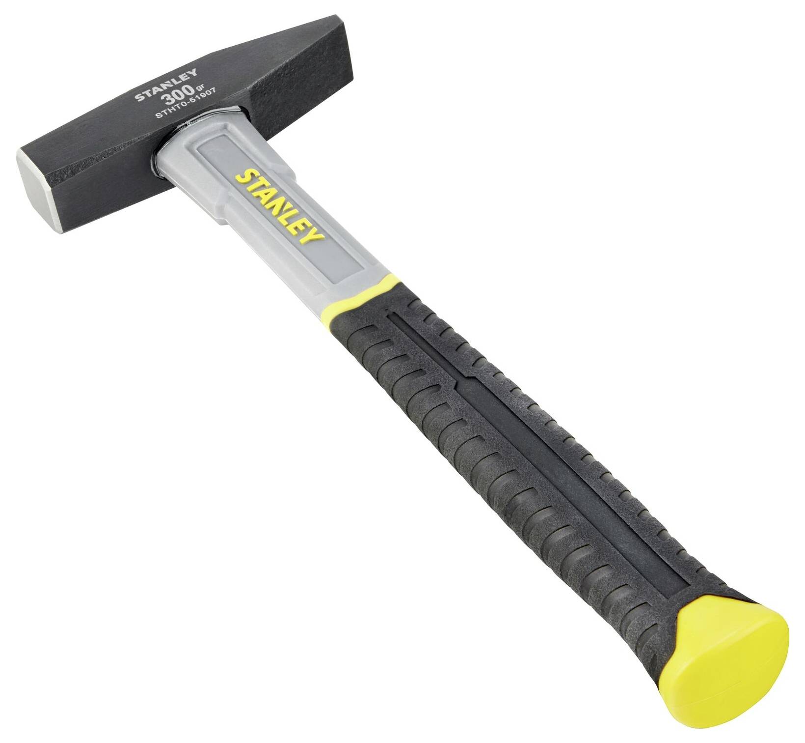 Schwarzer Hammer mit gelbem Schriftzug 'Stanley', ergonomischem Griff und einem Gewicht von 300 Gramm.