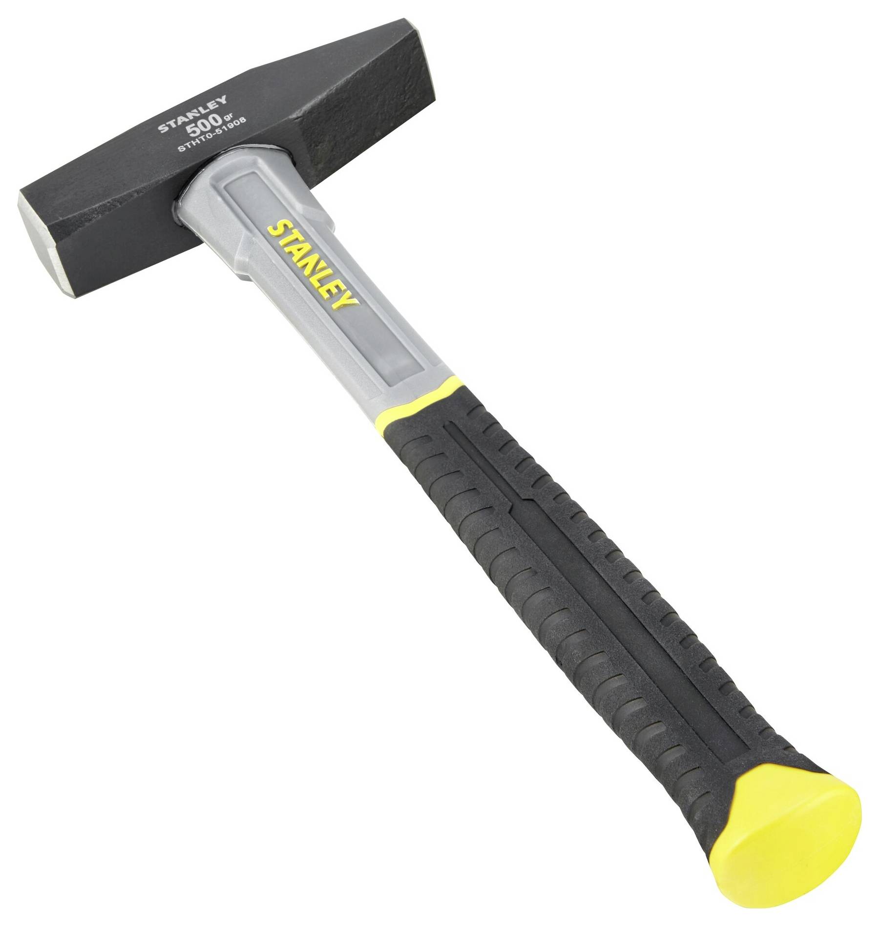 Ein Hammer mit schwarzem Kopf und gelbem Griff, markiert mit 'STANLEY' und '500g'; Werkzeug zum Hämmern von Nägeln.