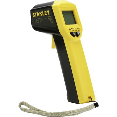 Ein gelbes, handgehaltenes Infrarot-Thermometer der Marke Stanley mit schwarzem Griff und Display, wird zur Temperaturmessung verwendet.