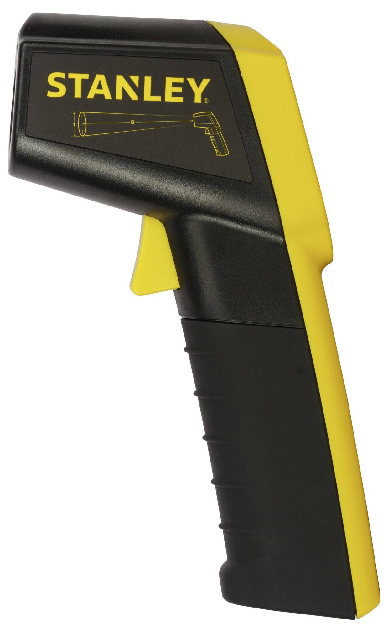 Infrarot-Thermometer mit gelbem und schwarzem Gehäuse. Aufdruck zeigt Messbereich in Richtung einer Oberfläche.