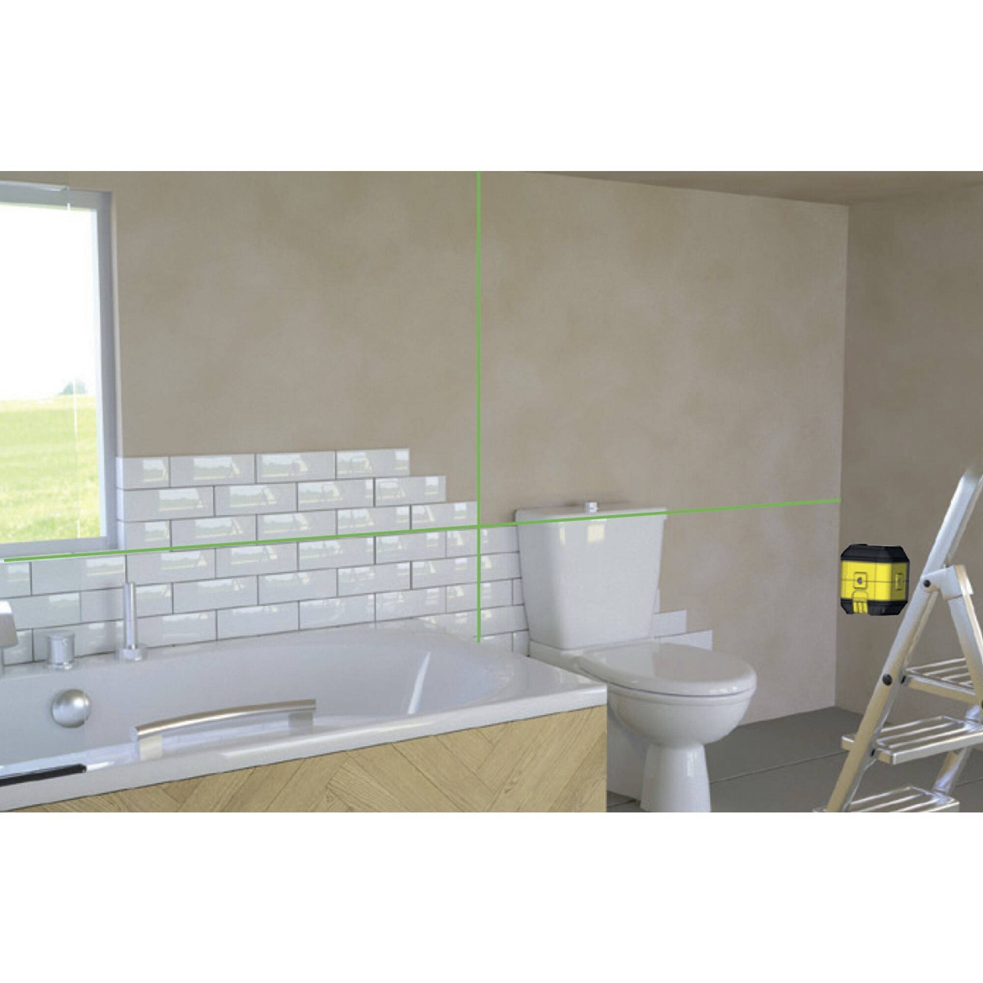 'Badezimmer mit halbfertigen Fliesen an der Wand, Badewanne links, Toilette rechts, Leiter und Werkzeugkoffer auf dem Boden.'