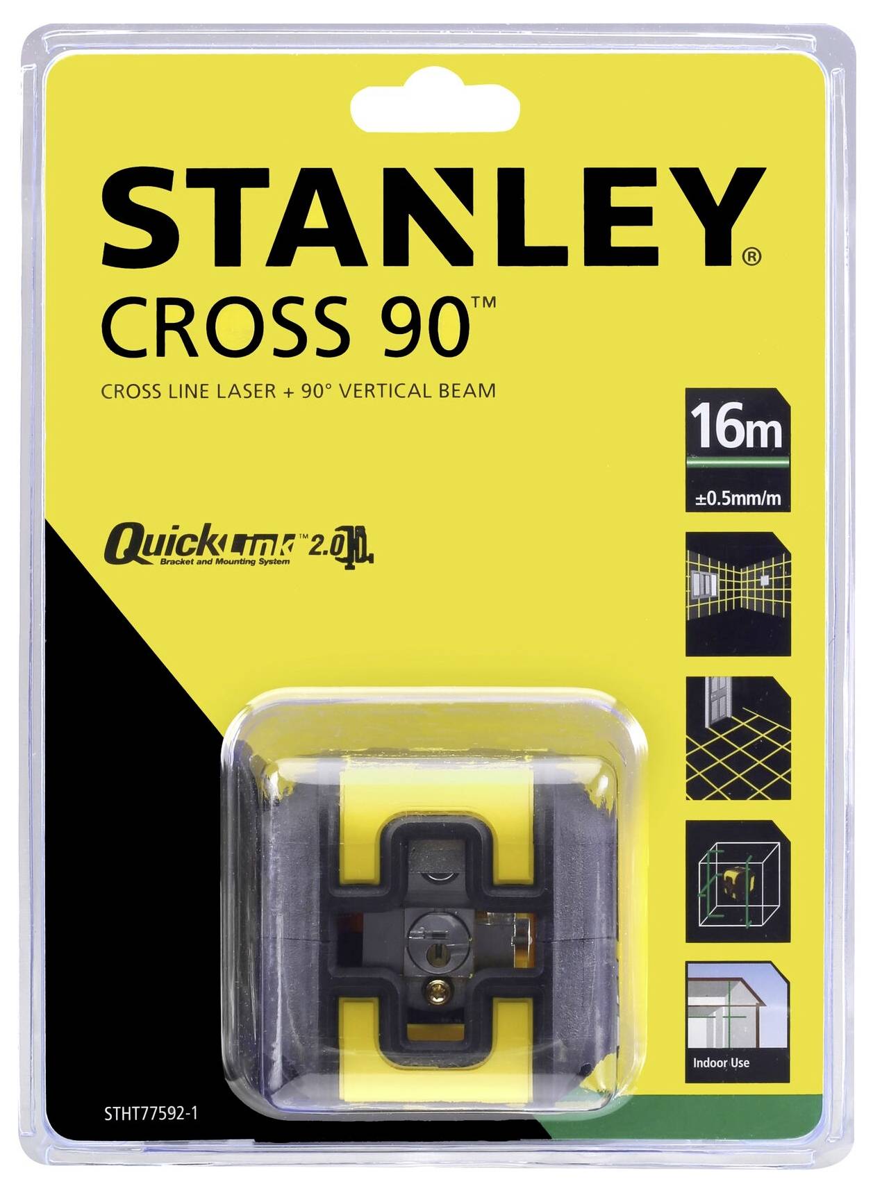 Verpackung eines Lasernivelliergeräts von Stanley Cross 90. Zeigt Produktname, Reichweite (16 m) und Funktionen wie Querlinienlaser.