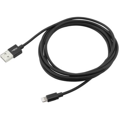 Ein schwarzes USB-Kabel mit einem Standard-USB-Anschluss und einem Lightning-Anschluss, geeignet für Lade- und Datenübertragung.