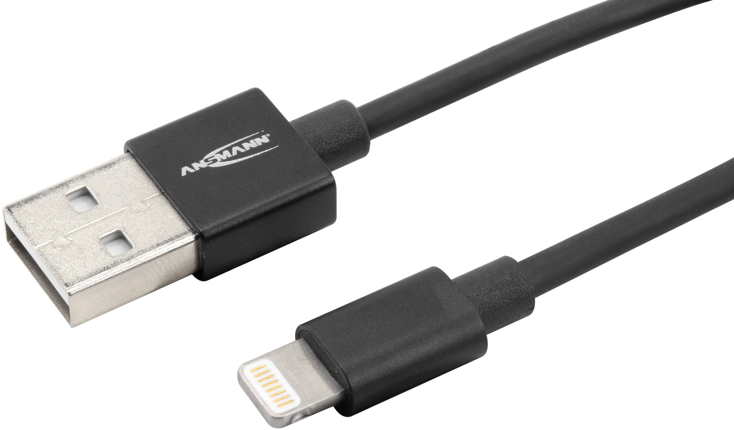Schwarzes USB-Kabel mit zwei verschiedenen Anschlüssen: USB-A auf der linken Seite und Lightning auf der rechten Seite.