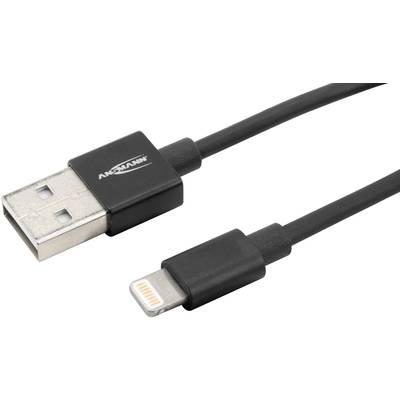 Schwarzes USB-Kabel mit zwei verschiedenen Anschlüssen: USB-A auf der linken Seite und Lightning auf der rechten Seite.