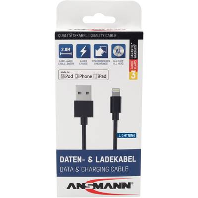 Verpackung für ein Ansmann Daten- und Ladekabel. Kompatibel mit iPod, iPhone, iPad. Länge 2m. Enthält 3 Jahre Garantie.
