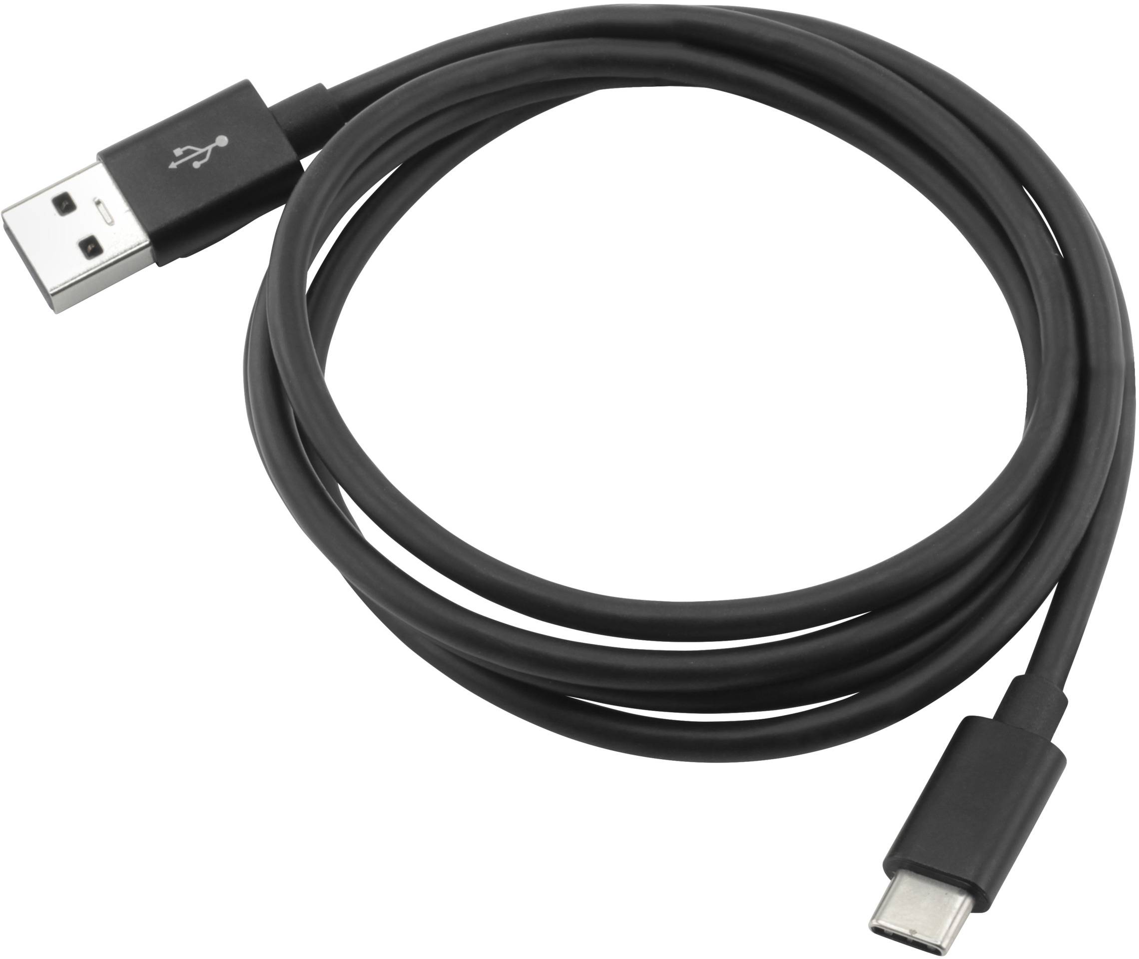 Ein schwarzes USB-Kabel mit einem USB-A-Stecker auf der einen und einem USB-C-Stecker auf der anderen Seite.
