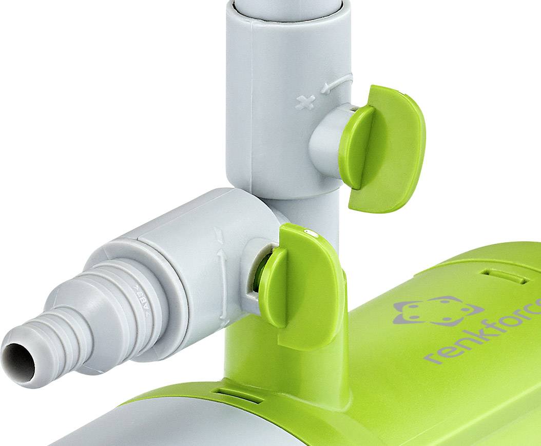 Ein grünes technisches Gerät mit zwei Reglern und einem Schlauchadapter. Aufdruck 'renkforce'. Verwendung für Wasserdurchflussregelung.