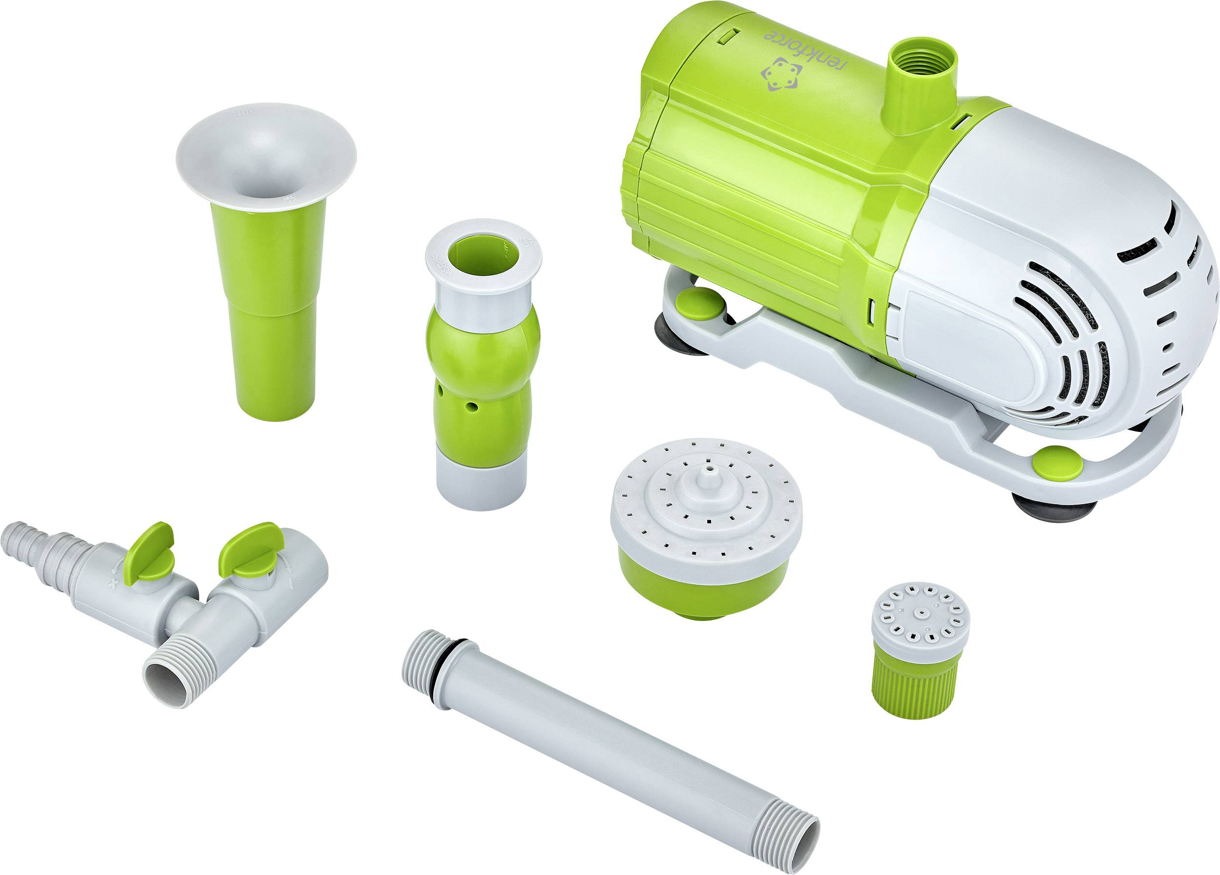 Teichfiltersystem mit Pumpe, Schläuchen, Anschlüssen und Düsen. Hauptgerät ist grün-weiß, Zubehör grau-grün. Ideal für Wasserreinigung.