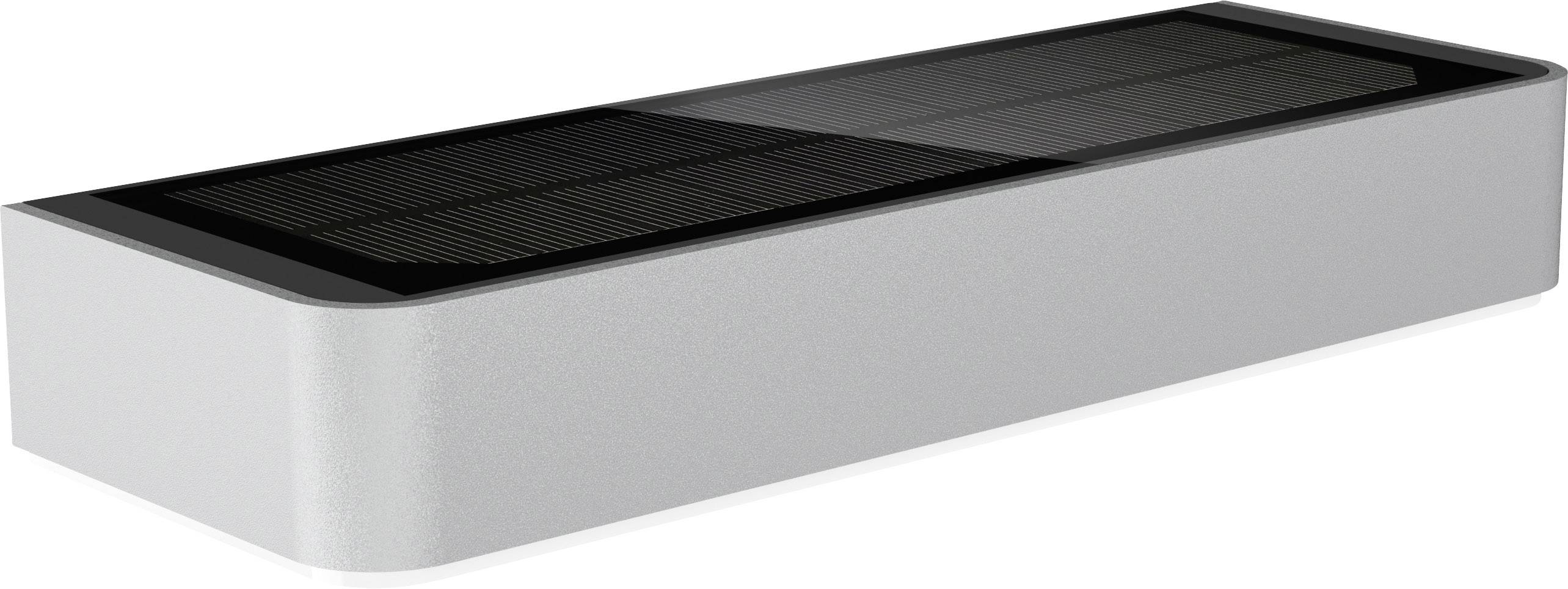 Ein rechteckiges, silbernes Solarpanel-Ladegerät mit schwarzer Oberseite. Ideal zur mobilen Energiegewinnung durch Sonnenlicht.