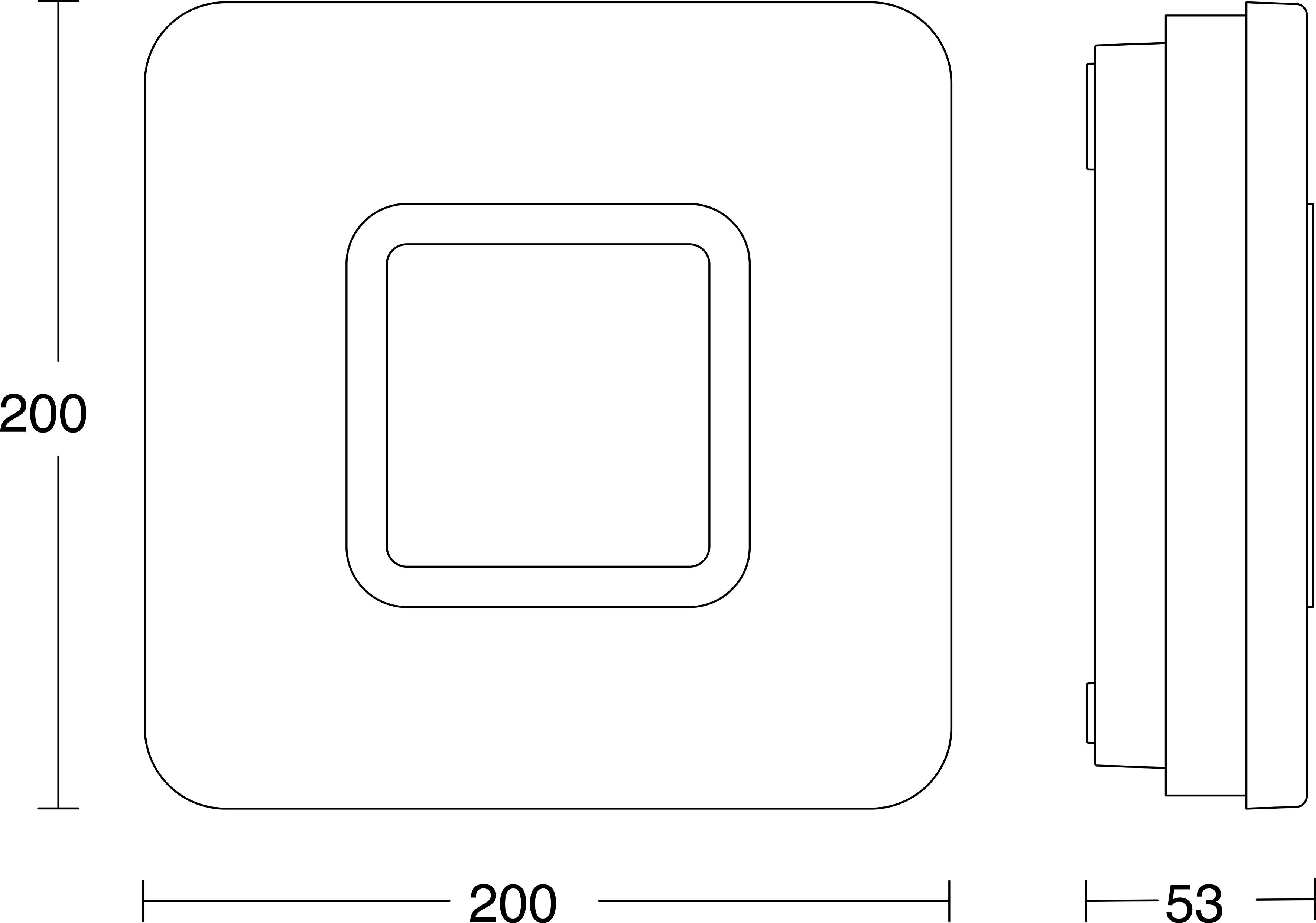Technische Zeichnung eines quadratischen vertieften Panels, 200 mal 200 mm, mit einem zentrierten inneren Quadrat und Seitenansicht, die eine Tiefe von 53 mm zeigt.
