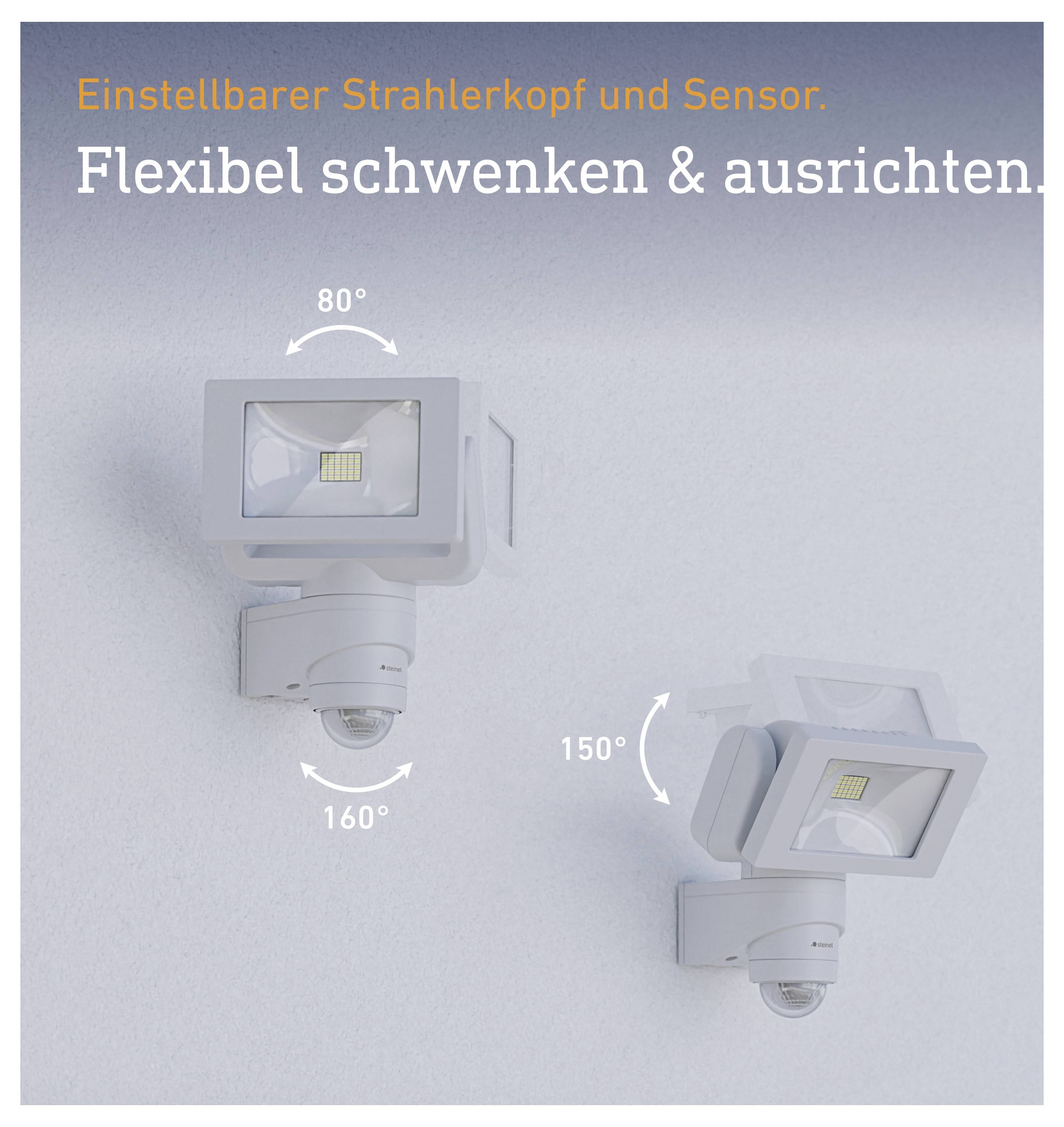 Beweglicher LED-Strahler mit Sensor: 'Einstellbarer Strahlerkopf und Sensor', flexibel schwenk- und ausrichtbar, mit 80°, 150° und 160° Verstellwinkeln.<br>
