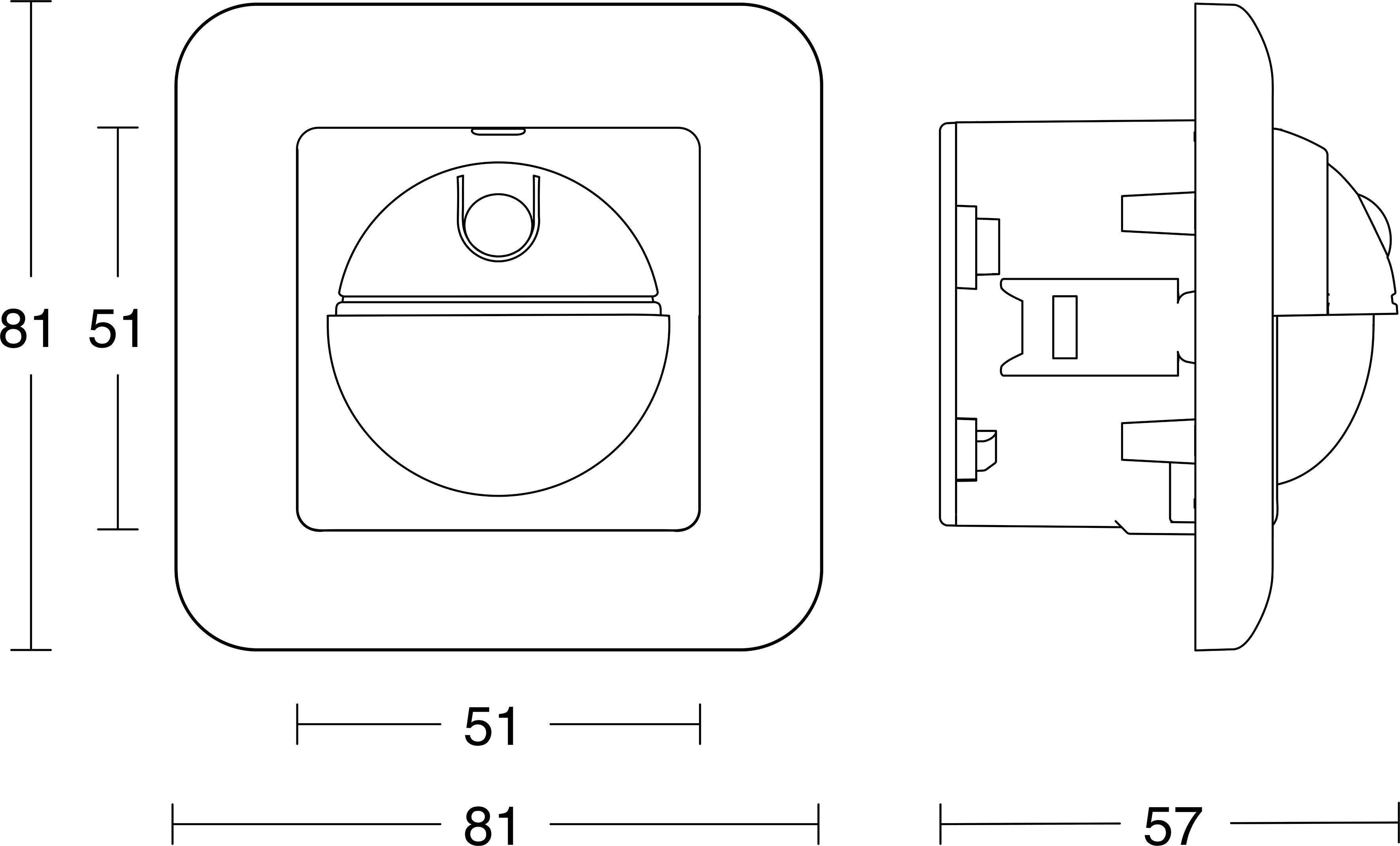 Technische Zeichnung einer quadratischen Einbauarmatur mit kreisförmiger Mitte, dargestellt in Vorder- und Seitenansicht mit den Abmessungen 81, 51 und 57.