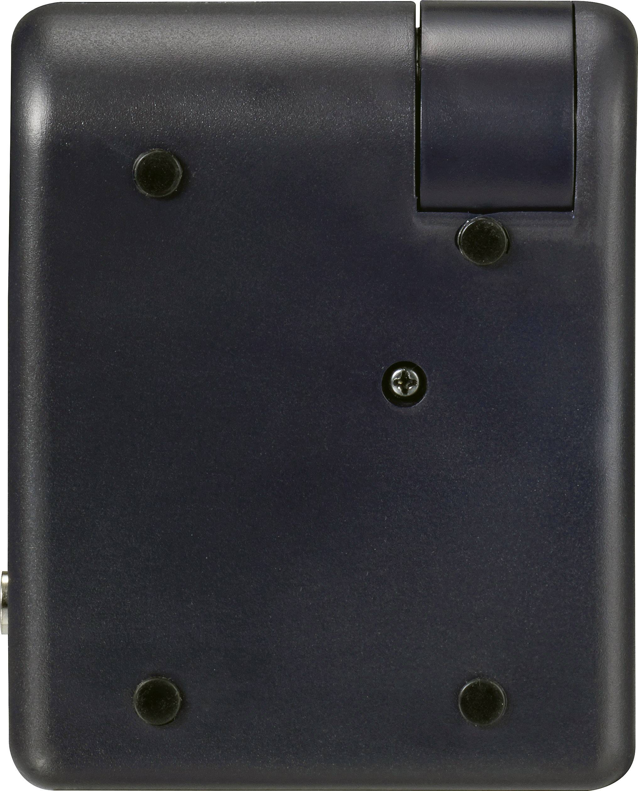 Ein schwarzes elektronisches Gerät mit Schraube in der Mitte und einem kleinen Hebel oben rechts.