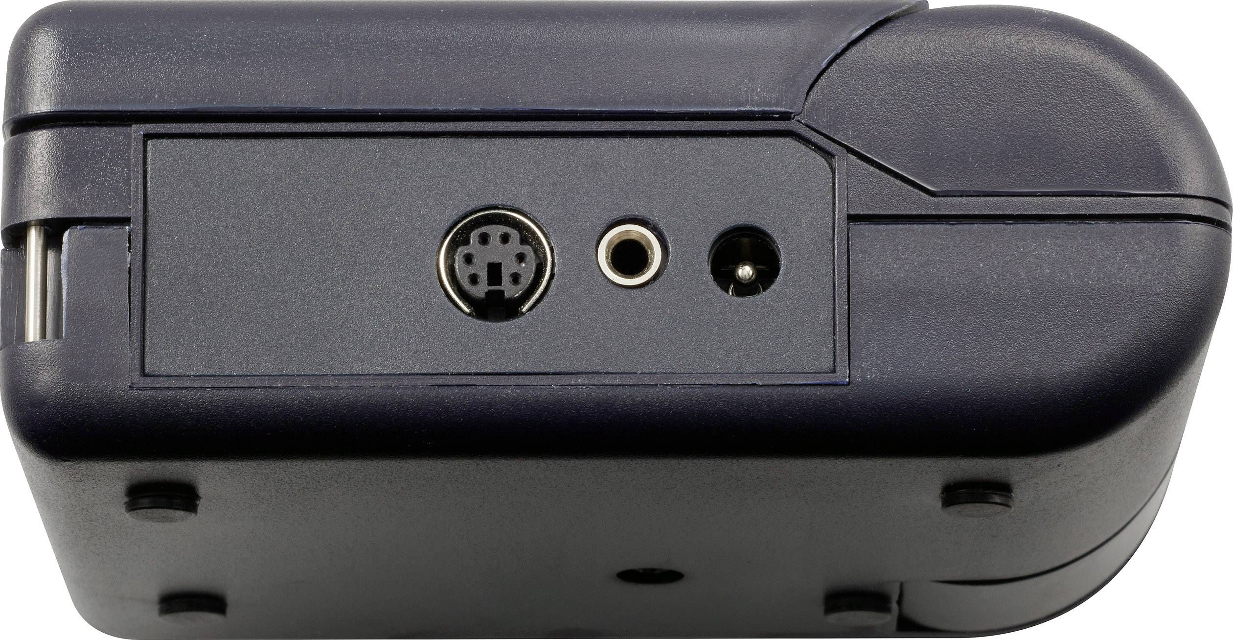 Ein schwarzes elektronisches Gerät mit mehreren Anschlussbuchsen, darunter ein runder Steckeranschluss und ein kleinerer Audiostecker.