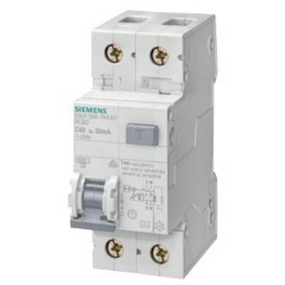 Ein zweipoliger Fehlerstrom-Schutzschalter der Marke Siemens, Typ '5SU1356-6KK40', ausgelegt für 40 A bei 30 mA.