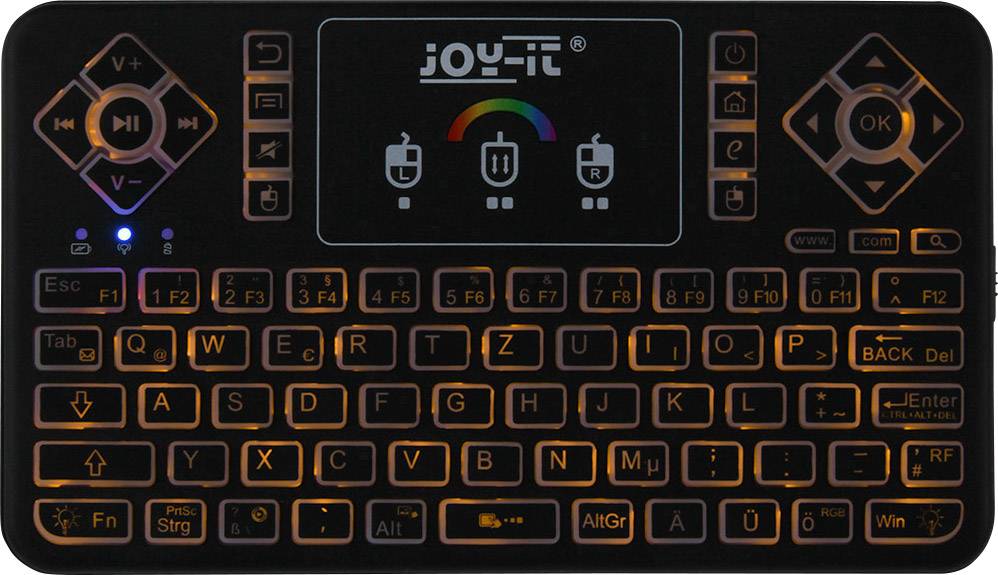 Tragbare drahtlose Mini-Tastatur mit beleuchteten Tasten, geeignet für einfache Texteingaben und Steuerung. Enthält ein Touchpad.