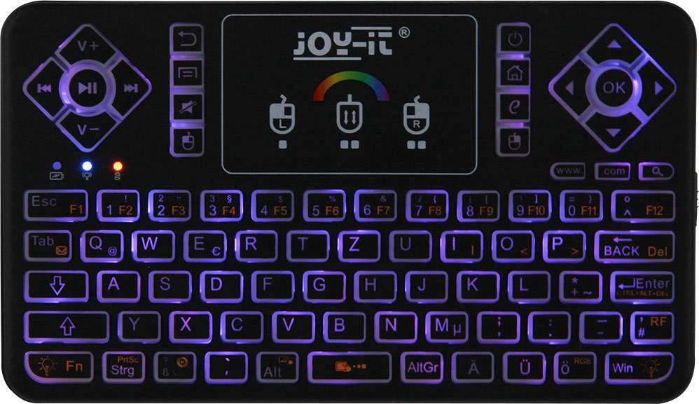 Handliche, leuchtende kleine Tastatur mit Touchpad und integrierten Mediensteuerungstasten. Perfekt für TV-Geräte oder tragbare Computer.