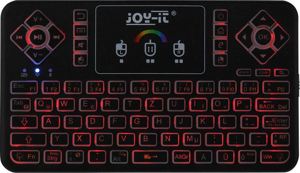 Kleine, leuchtende Tastatur mit Touchpad, Steuer-Tasten und roter Hintergrundbeleuchtung. Markenname 'JOY-iT'.
