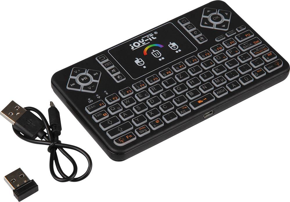 Kabellose Mini-Tastatur mit Touchpad, USB-Empfänger und Ladekabel. Benutzerfreundlich für PC und TV, kompakt und tragbar.