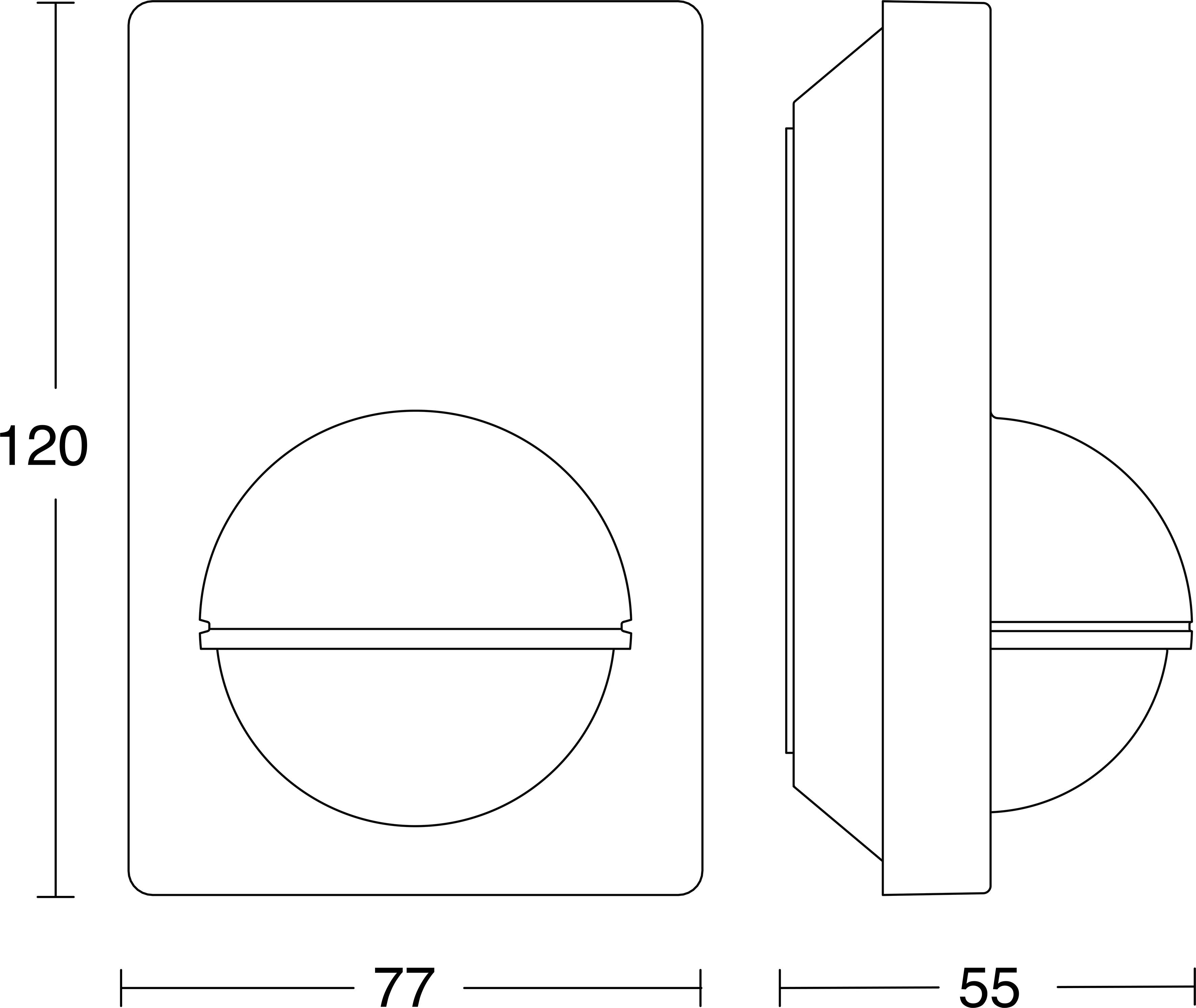 Technische Linienzeichnung einer Wandschaltertafel, die Vorder- und Seitenansichten mit den Abmessungen 120, 77 und 55 zeigt.