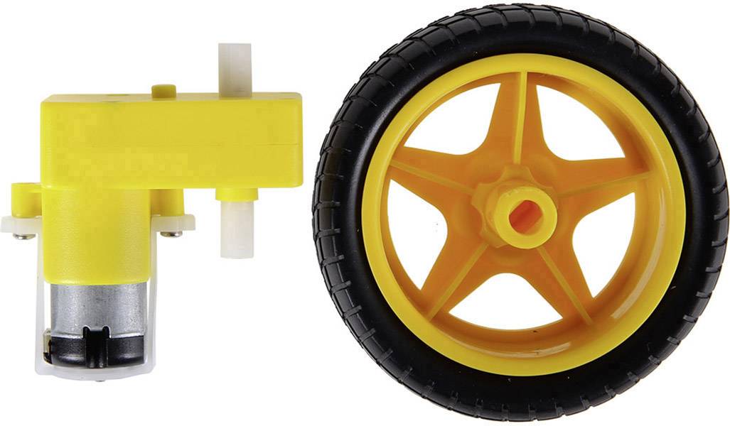 Gelbes Zahnradmotor-Set mit Antriebsrad, geeignet für den Bau von Robotikprojekten und kleinen Fahrzeugen.