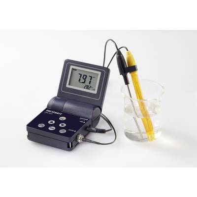 Ein pH-Messgerät zeigt einen pH-Wert von 7,97 und eine Temperatur von 28,2°C. Die Sonde steckt in einem Becherglas mit klarer Flüssigkeit.