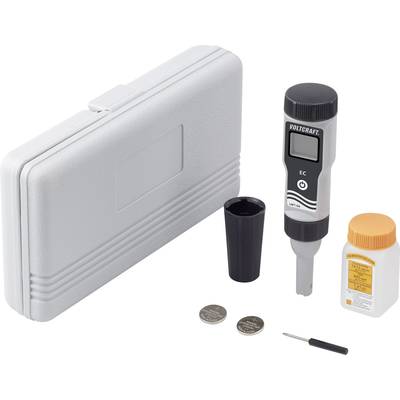 Kleiner tragbarer Leitfähigkeitstester mit Zubehör wie Batterien, Anleitung und Referenzflüssigkeit in einem durchgehenden weißen Etui.