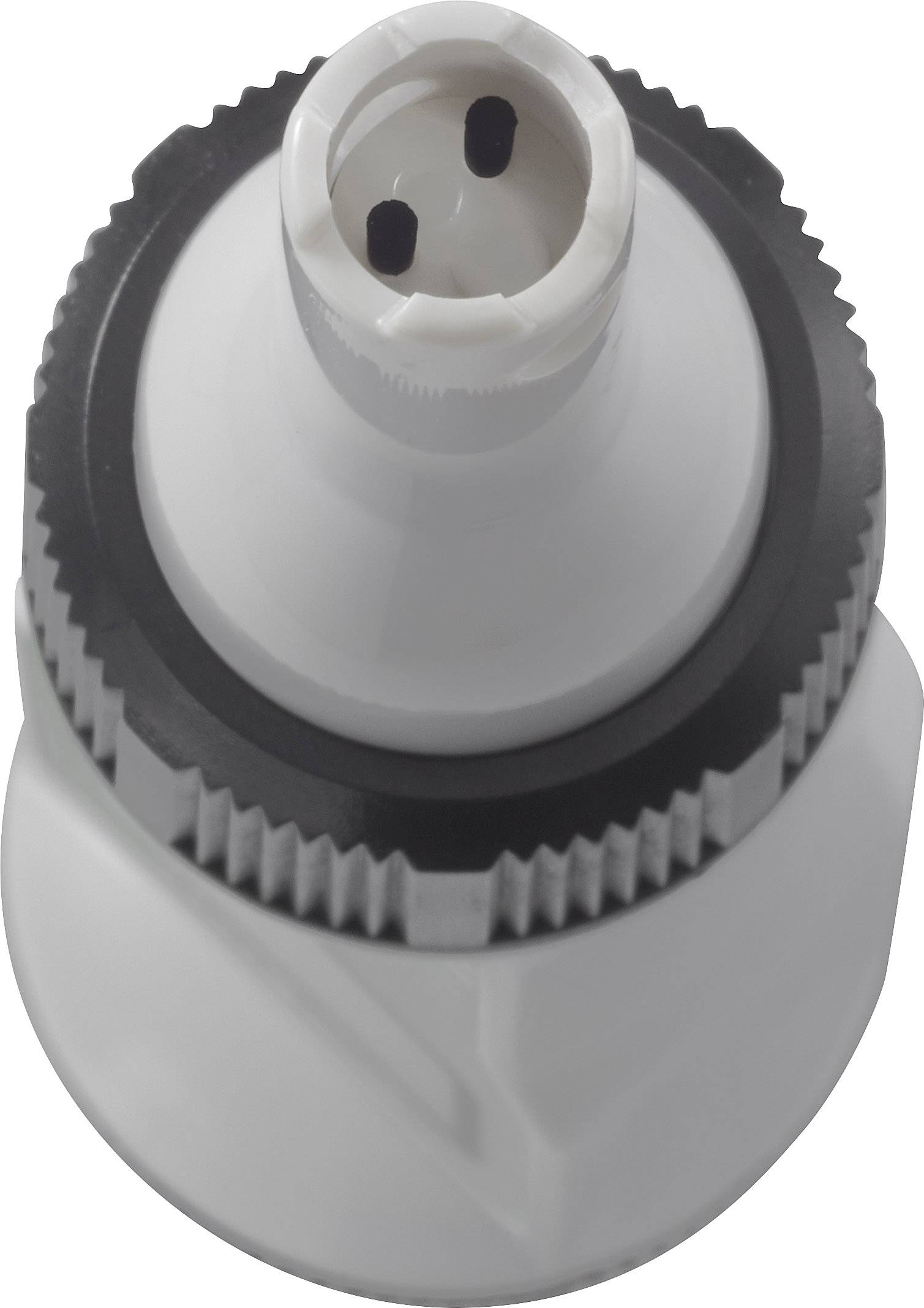 Ein weißer, zylindrischer Plastikaufsatz mit schwarzem Rand und einem ovalen, zweilochigen Anschluss an der Oberseite.