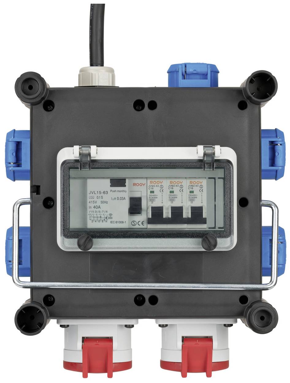 Elektrischer Schaltschrank mit zwei roten und sechs blauen Steckdosen. Enthält vier Schutzschalter im Inneren, zeigt technische Informationen.