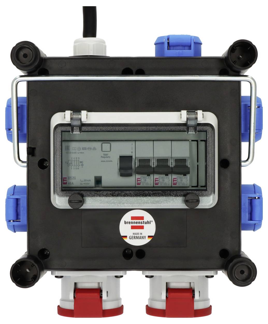 Tragbare elektrische Verteilungsbox mit Leistungsschalter-Panel und mehreren blauen und roten Steckverbindern auf weißem Hintergrund.