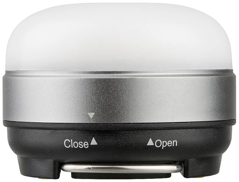 Tragbare LED-Lampe mit grauem Gehäuse und schwarzem Boden, gekennzeichnet mit 'Close' und 'Open' zum Drehen zum Ein- und Ausschalten.
