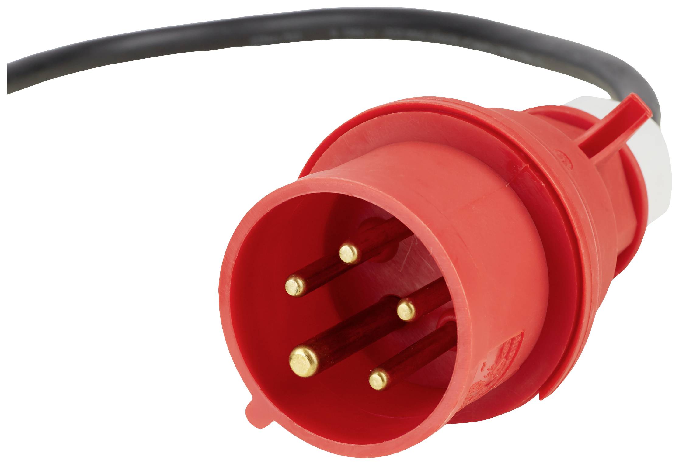 Roter CEE-Stecker mit fünf goldenen Kontaktstiften und einem schwarzen Kabel. Geeignet für industrielle Anwendungen und hohe Stromstärken.