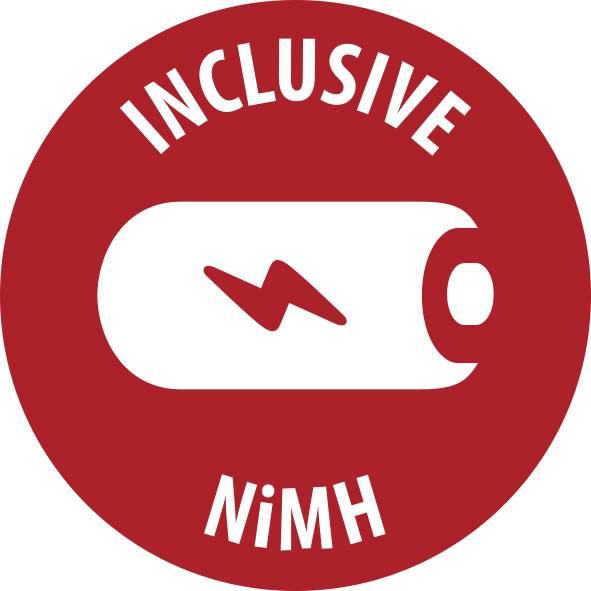 Rotes kreisförmiges Symbol mit dem Wort „INCLUSIVE" über einem weißen Batteriesymbol und „NiMH" darunter, das eine wiederaufladbare Nickel-Metallhydrid-Batterie anzeigt.