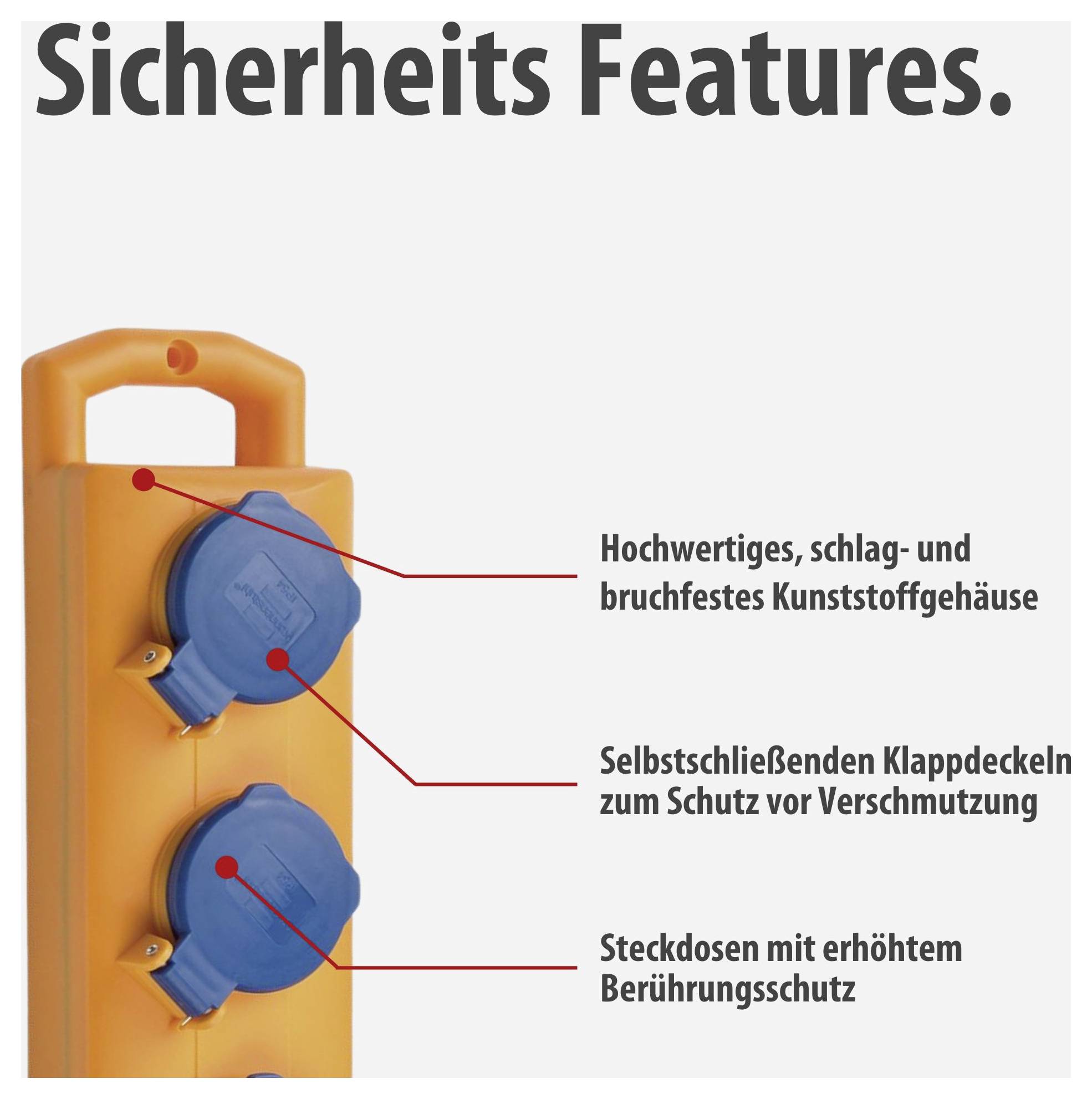 Abbildung eines orangefarbenen Steckdosenblocks mit blauen Klappdeckeln; hervorgehobene Sicherheitsfeatures: robustes Kunststoffgehäuse, selbstschließende Deckel, erhöhter Berührungsschutz.<br>