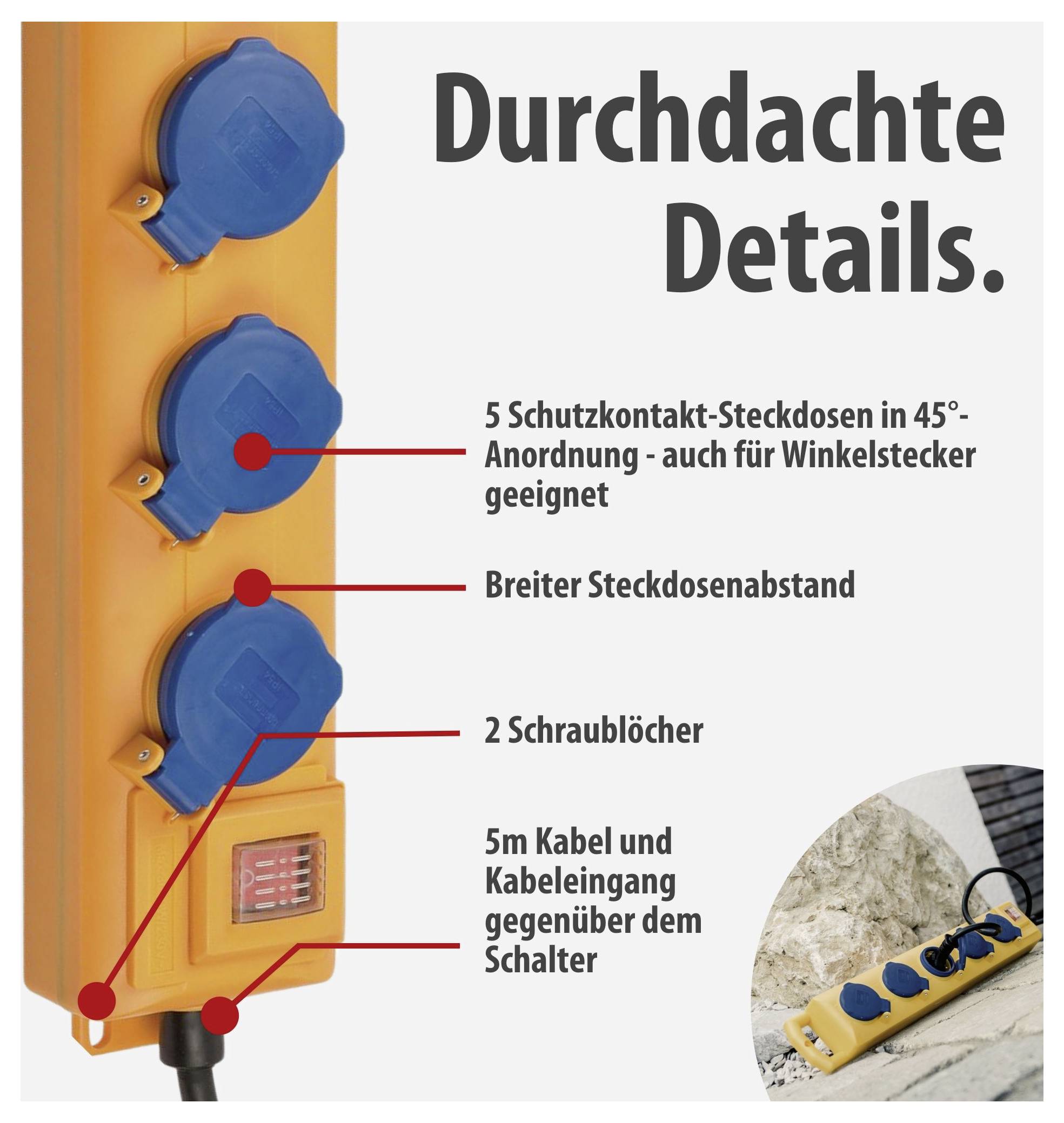 Werbegrafik einer gelben Steckdosenleiste mit blauen Schutzkontakt-Steckdosen; hebt 45°-Anordnung, breiten Abstand, Schraublöcher sowie 5 m Kabel und Kabeleingang hervor.<br>