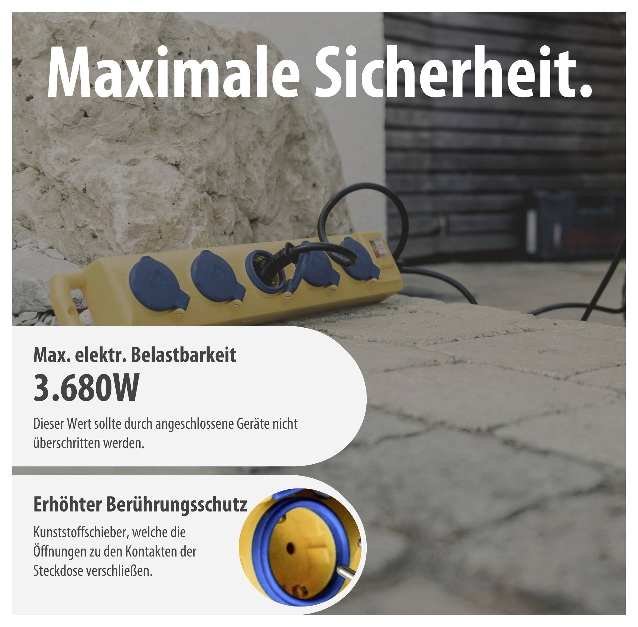 Infografik zu einer Steckdosenleiste: 'Maximale Sicherheit', max. elektrische Belastbarkeit 3.680 W und erhöhter Berührungsschutz durch Kunststoffschieber.<br>
