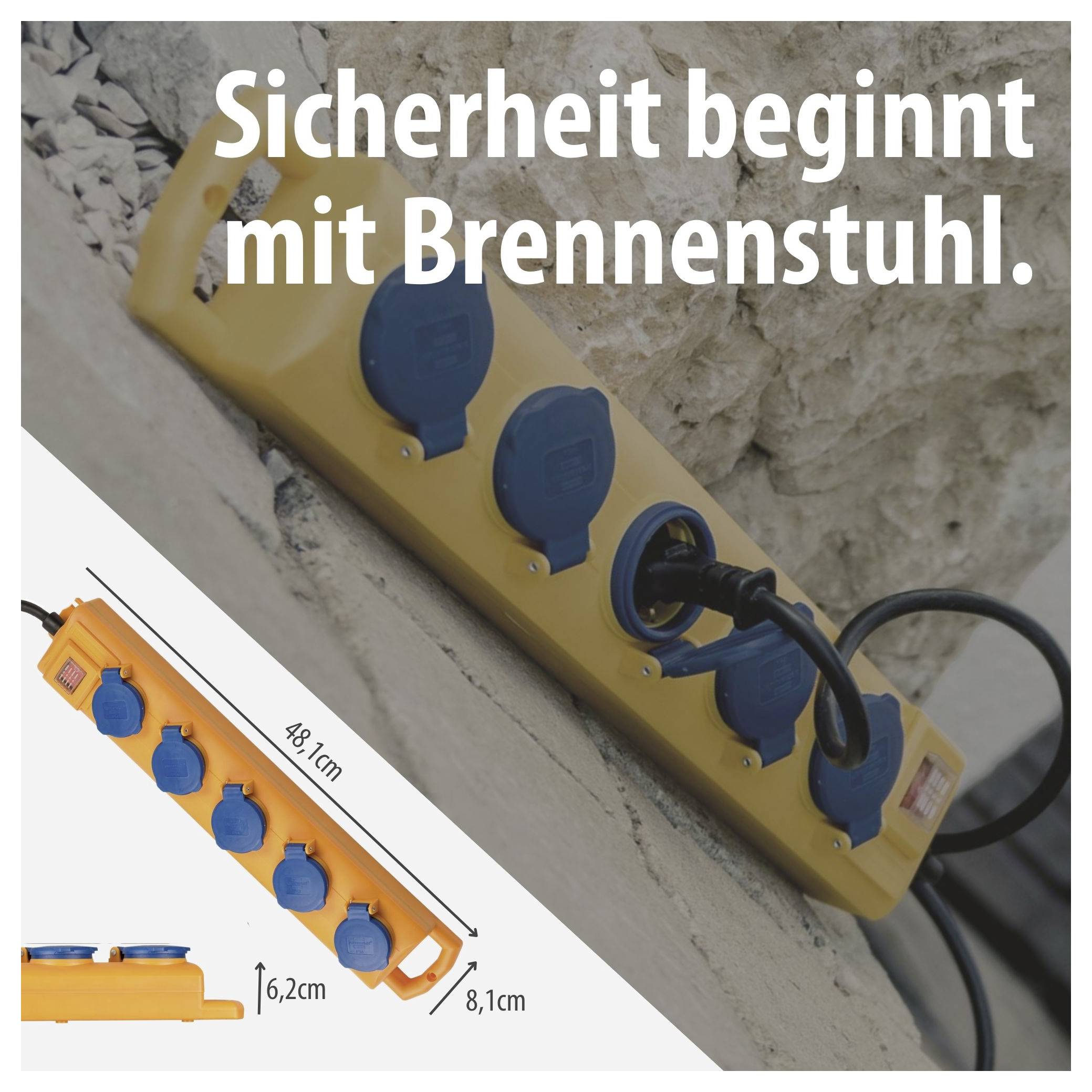 Gelbe Brennenstuhl-Steckdosenleiste im Einsatz an einer Wand; eingeblendeter Text: 'Sicherheit beginnt mit Brennenstuhl.' und Maßangaben des Produkts.<br>