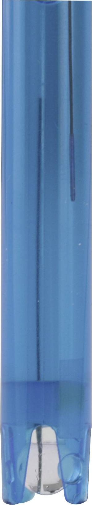 Ein blauer Kugelschreiber mit transparenter Hülle und sichtbarer Mine.