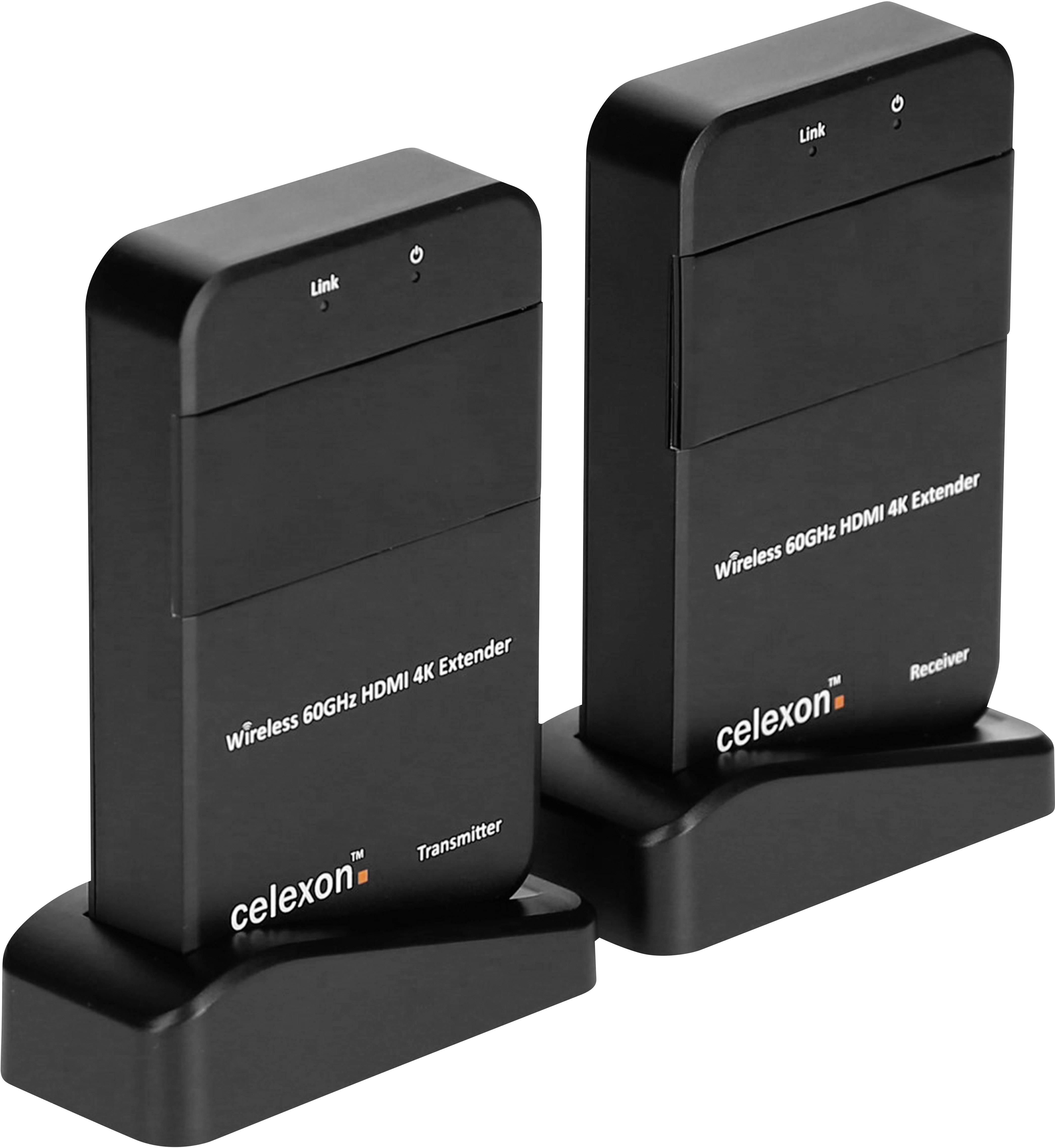 Zwei schwarze, rechteckige Geräte auf Standfüßen mit der Aufschrift 'celexon Wireless 60GHz HDMI 4K Extender', eines als Sender, das andere als Empfänger gekennzeichnet.