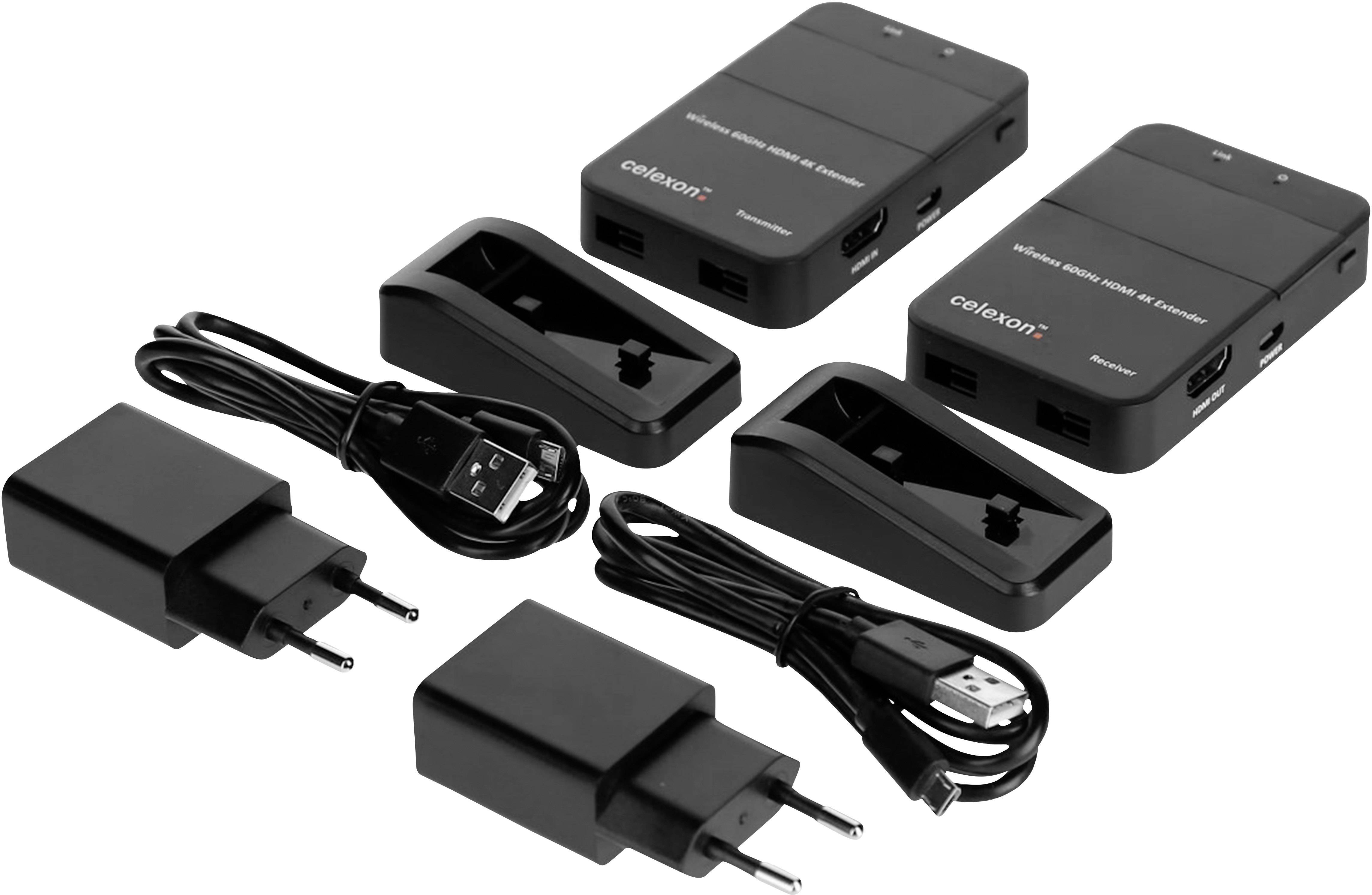 Zwei schwarze HDMI-Wireless-Transmitter mit USB-Anschlüssen, zwei Ladestationen und zwei USB-Netzadapter, abgebildet auf weißem Hintergrund.