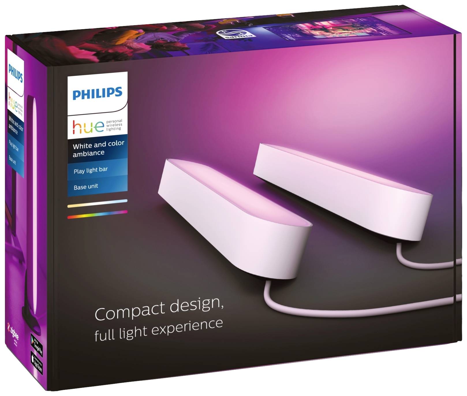 'Philips Hue' Play Lightbar-Verpackung mit Bild von zwei rosa leuchtenden Lichtleisten und Text 'Compact design, full light experience'.